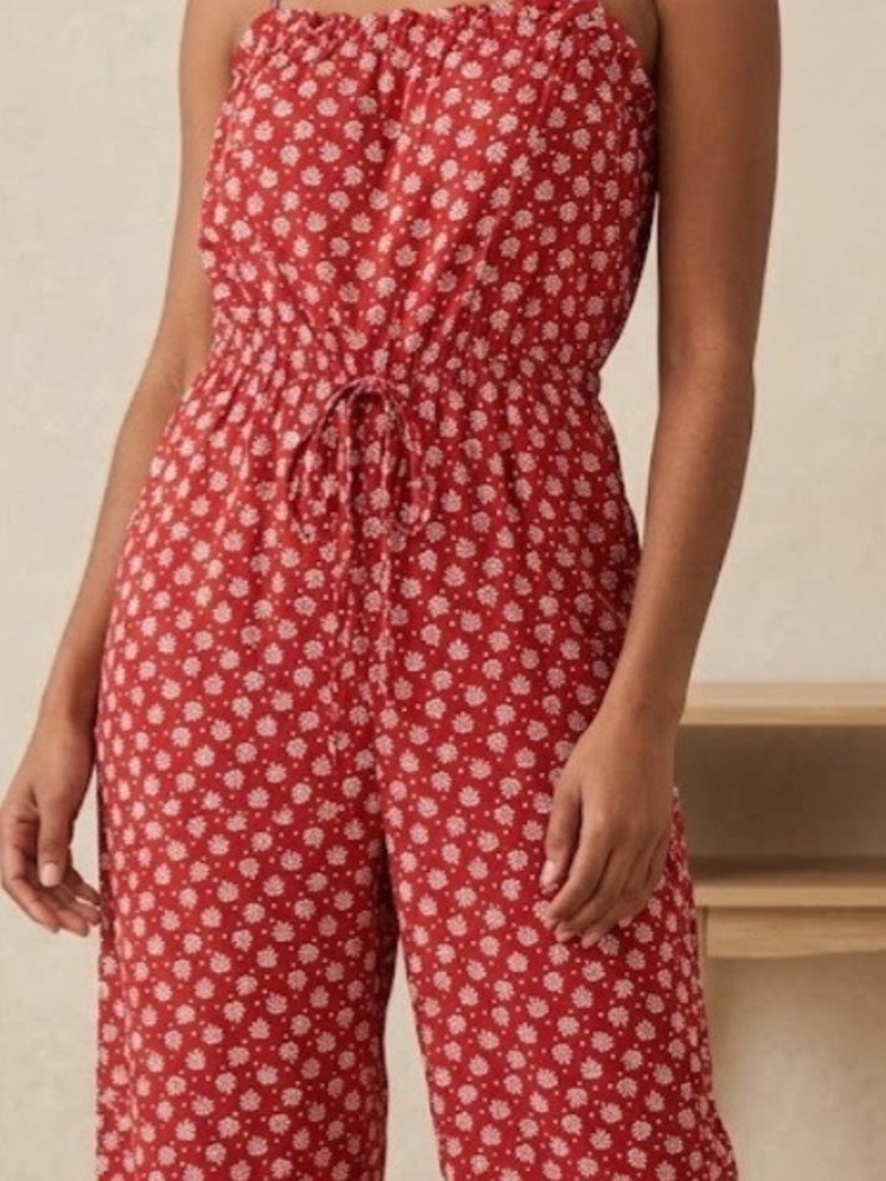 Dark Burnt Orange Floral Adjustable Strap Jumpsuit with Faux Tie At Waist